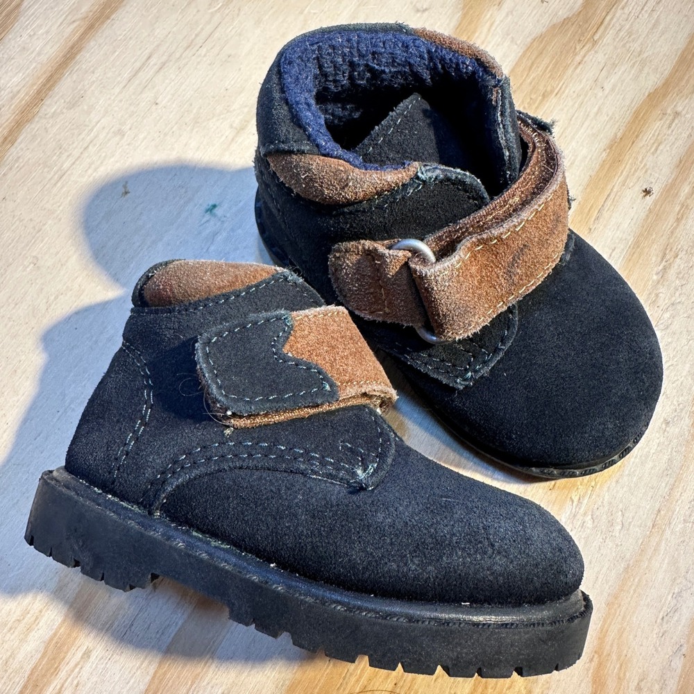 McKids Toddler Size 3 Black Suede Hook Loop Strap Rugged Work Boots Vintage